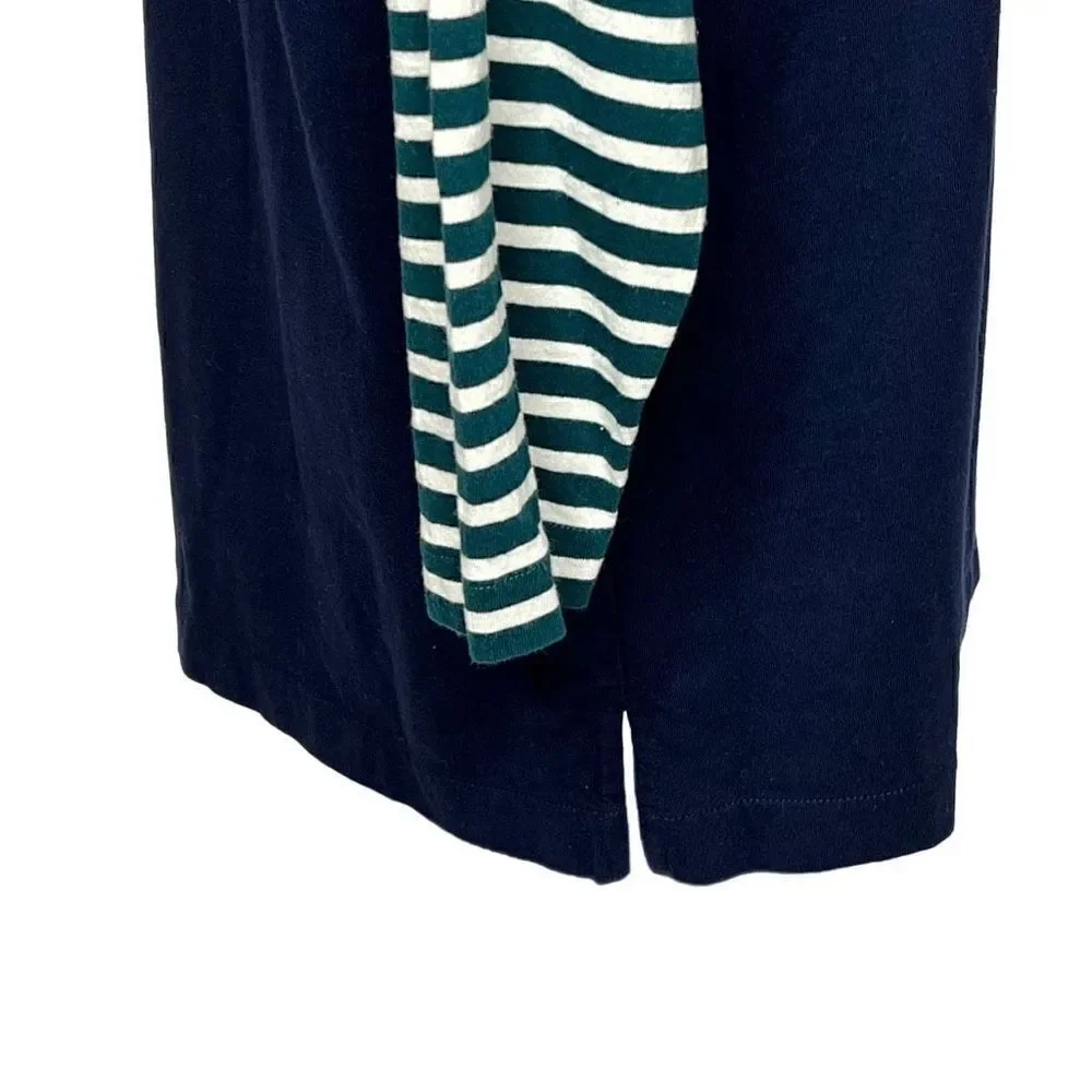 J. Crew 3/4 sleeve navy blue top with green and white striped sleeves size M